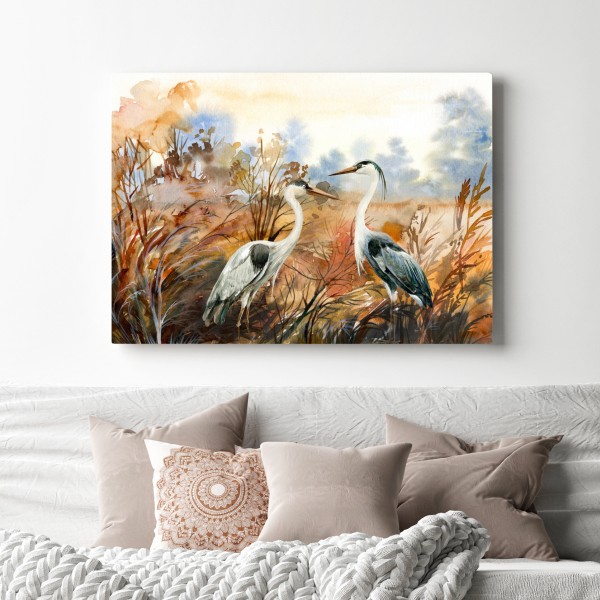 Obraz na płótnie dwie czaple na jesiennym mokradle – Wallissimo® Obraz na płótnie dwie czaple na jesiennym mokradle – Wallissimo®