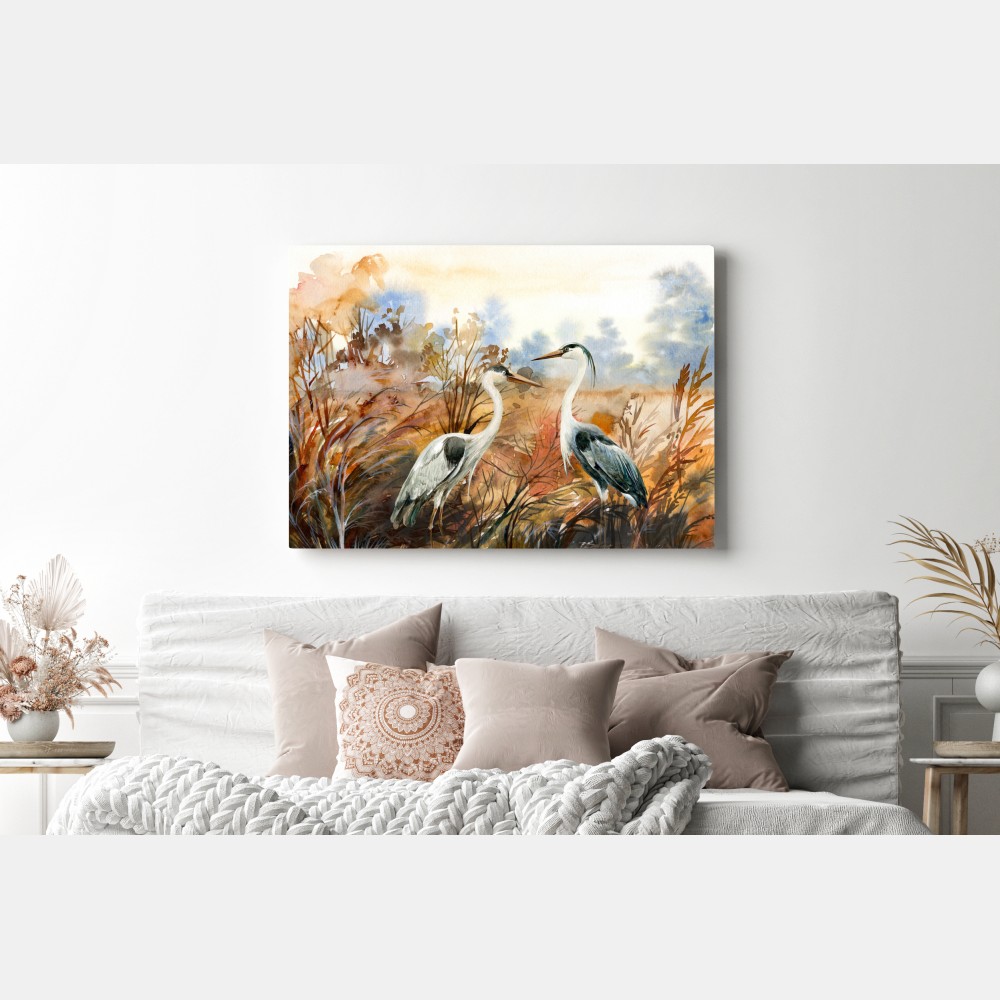 Obraz na płótnie dwie czaple na jesiennym mokradle – Wallissimo® Obraz na płótnie dwie czaple na jesiennym mokradle – Wallissimo®