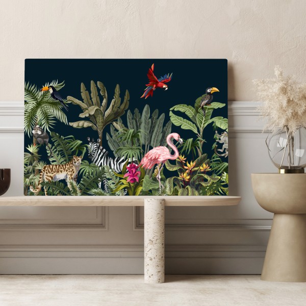 Obraz na płótnie tropikalna scena dżungli z dziką fauną – Wallissimo® Obraz na płótnie tropikalna scena dżungli z dziką fauną – Wallissimo®