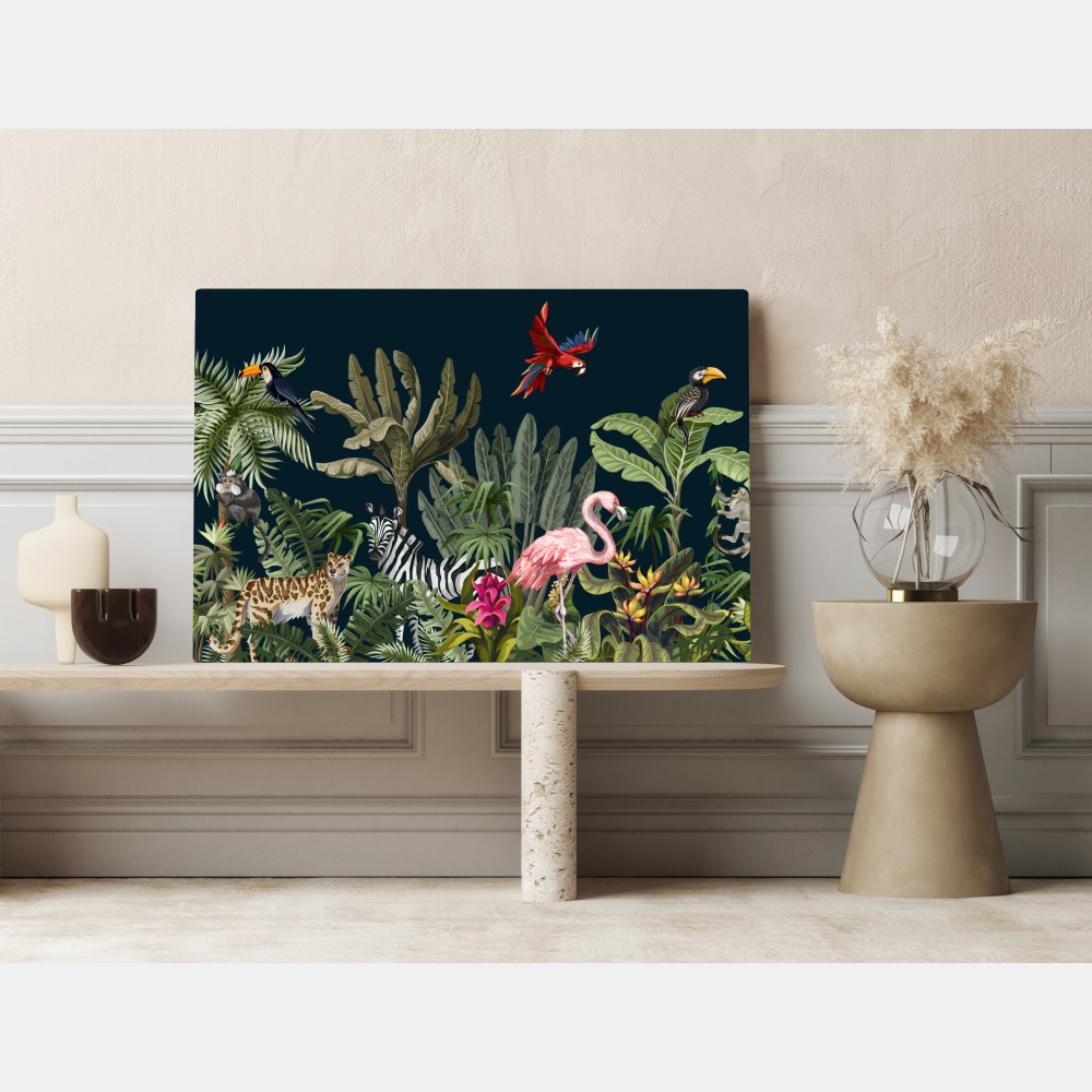 Obraz na płótnie tropikalna scena dżungli z dziką fauną – Wallissimo® Obraz na płótnie tropikalna scena dżungli z dziką fauną – Wallissimo®