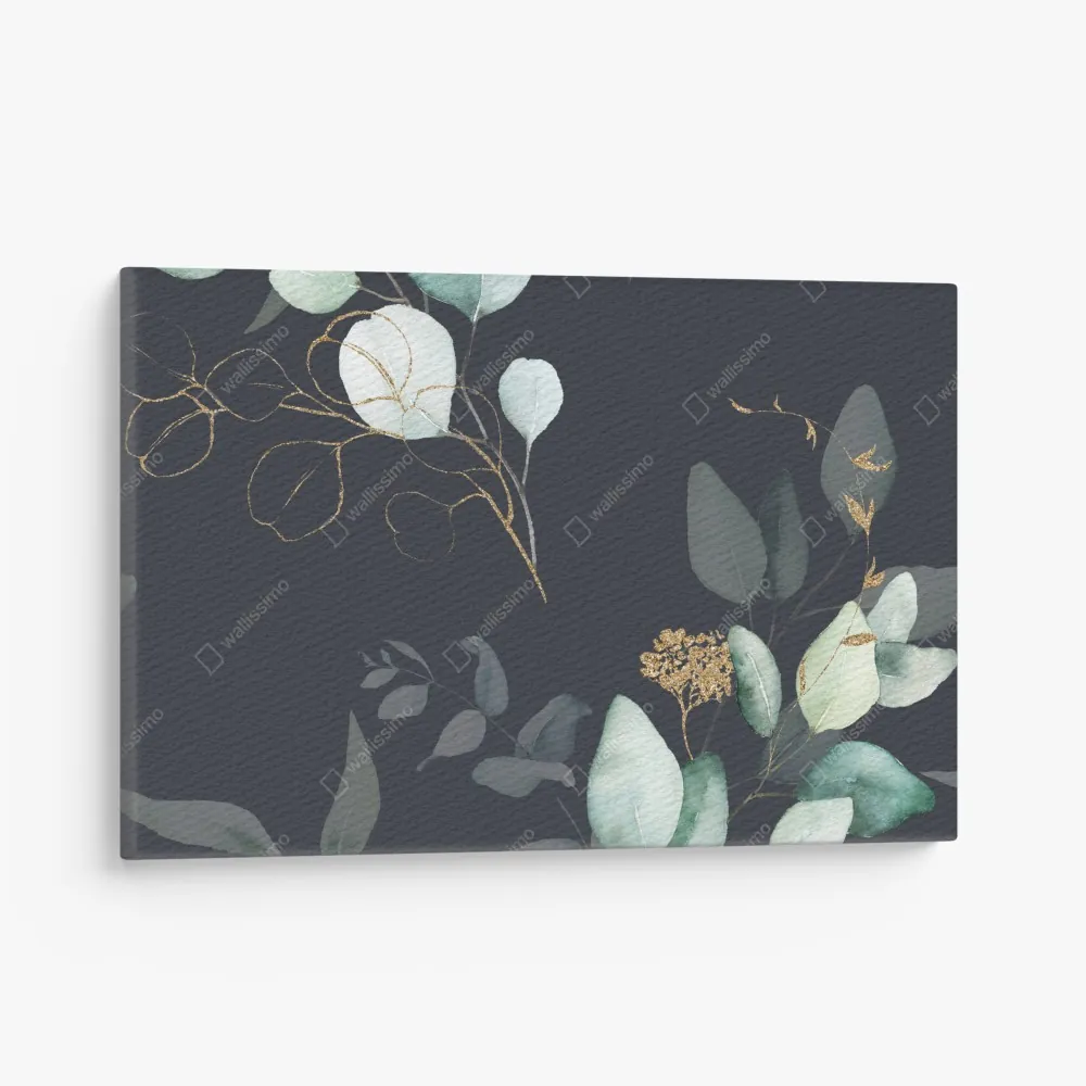 Obraz na płótnie eukaliptusowe liście akwarelowe na ciemnym tle – Wallissimo® Obraz na płótnie eukaliptusowe liście akwarelowe na ciemnym tle – Wallissimo®