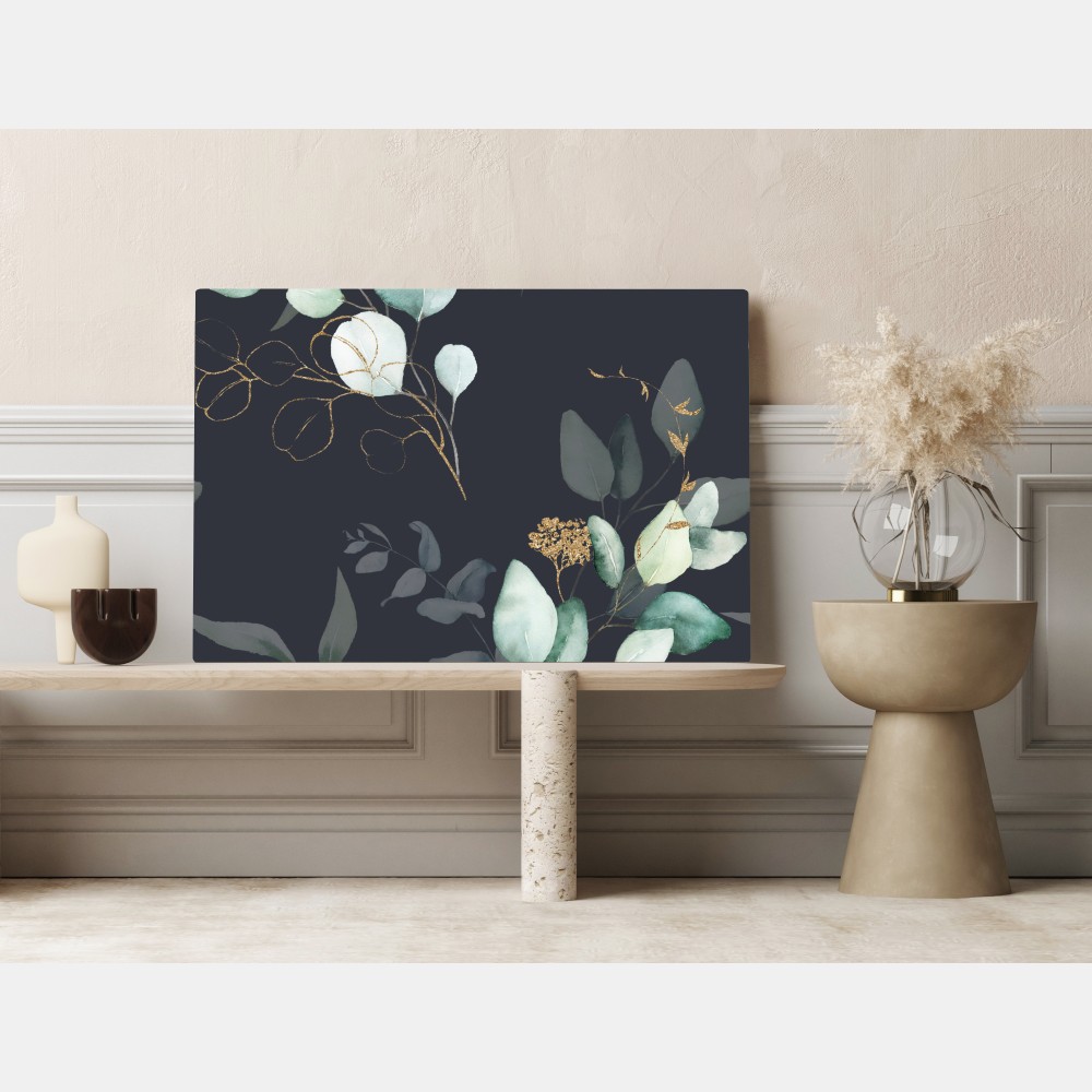 Obraz na płótnie eukaliptusowe liście akwarelowe na ciemnym tle – Wallissimo® Obraz na płótnie eukaliptusowe liście akwarelowe na ciemnym tle – Wallissimo®