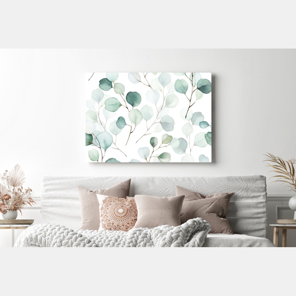 Obraz na płótnie delikatny wzór liści eukaliptusa w akwareli – Wallissimo® Obraz na płótnie delikatny wzór liści eukaliptusa w akwareli – Wallissimo®
