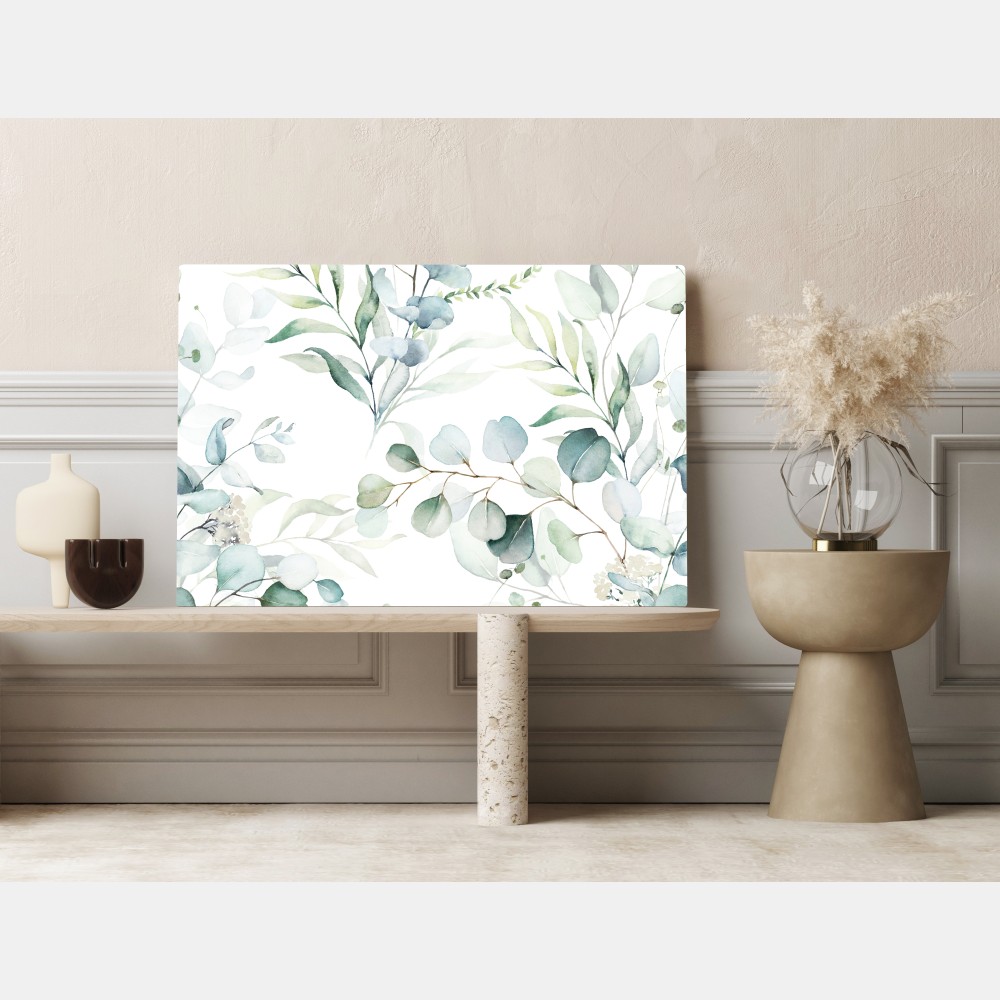 Obraz na płótnie akwarelowy wzór eukaliptusa i liści – Wallissimo® Obraz na płótnie akwarelowy wzór eukaliptusa i liści – Wallissimo®