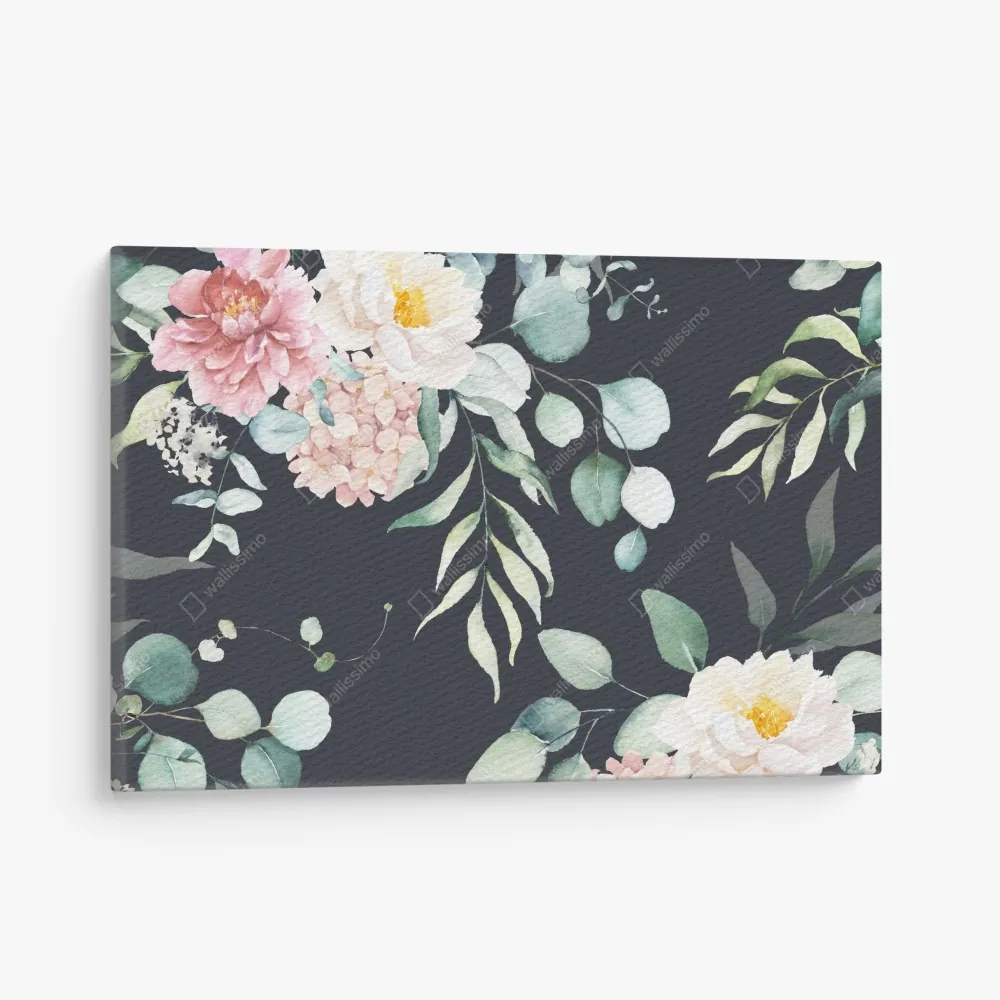 Obraz na płótnie elegancki akwarelowy wzór kwiatowy na ciemnym tle – Wallissimo® Obraz na płótnie elegancki akwarelowy wzór kwiatowy na ciemnym tle – Wallissimo®