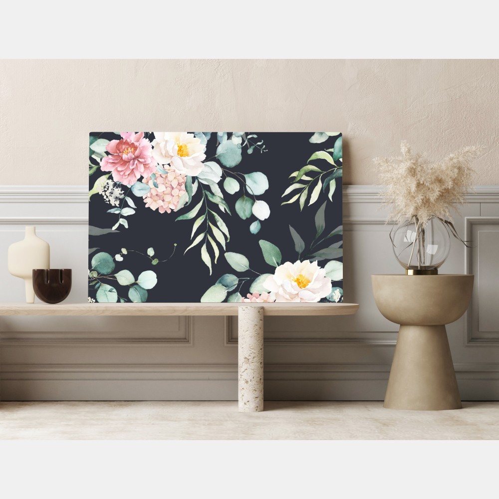 Obraz na płótnie elegancki akwarelowy wzór kwiatowy na ciemnym tle – Wallissimo® Obraz na płótnie elegancki akwarelowy wzór kwiatowy na ciemnym tle – Wallissimo®