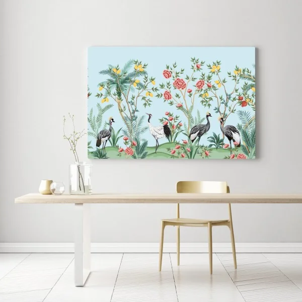 Obraz na płótnie ogród z żurawiami i kwiatami – Wallissimo® Obraz na płótnie ogród z żurawiami i kwiatami – Wallissimo®