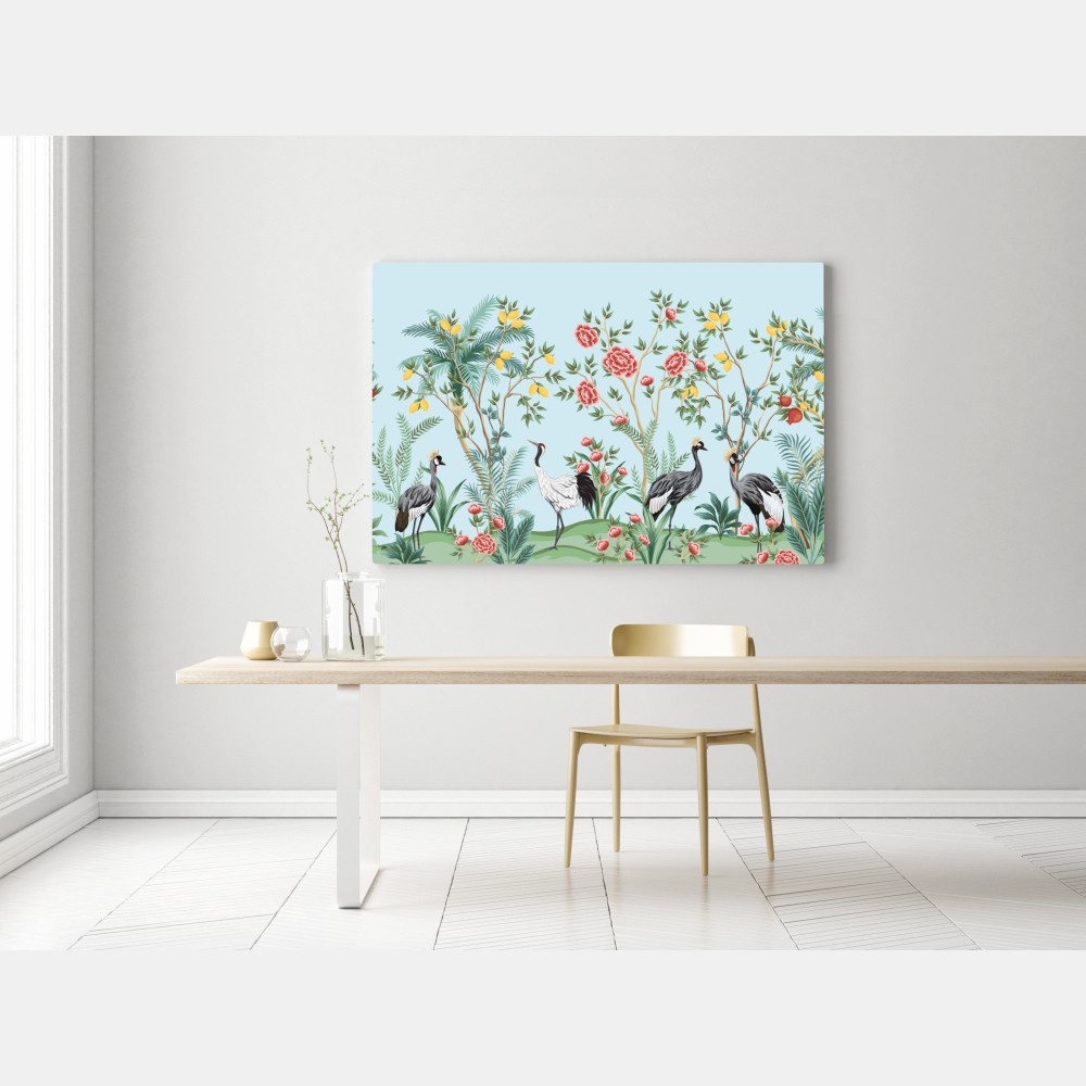 Obraz na płótnie ogród z żurawiami i kwiatami – Wallissimo® Obraz na płótnie ogród z żurawiami i kwiatami – Wallissimo®