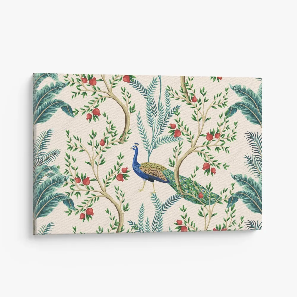 Obraz na płótnie paw wśród gałęzi granatu – Wallissimo® Obraz na płótnie paw wśród gałęzi granatu – Wallissimo®