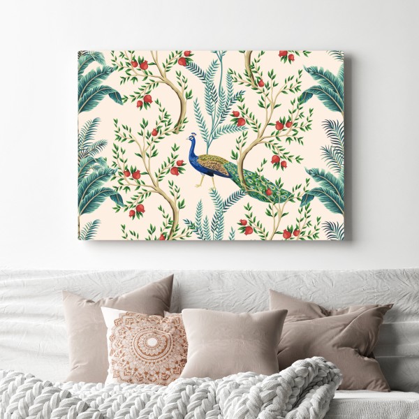 Obraz na płótnie paw wśród gałęzi granatu – Wallissimo® Obraz na płótnie paw wśród gałęzi granatu – Wallissimo®