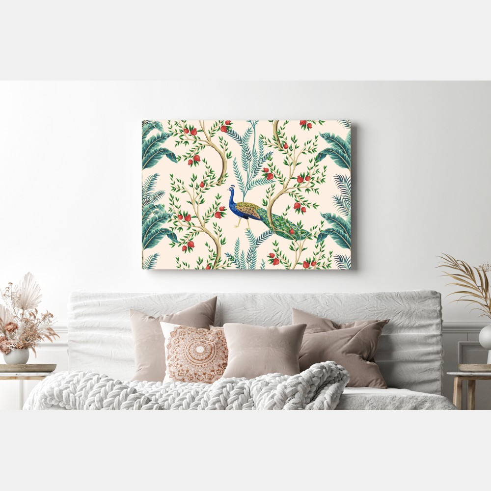 Obraz na płótnie paw wśród gałęzi granatu – Wallissimo® Obraz na płótnie paw wśród gałęzi granatu – Wallissimo®