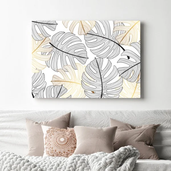 Obraz na płótnie wzór liści monstera ze złotymi akcentami – Wallissimo® Obraz na płótnie wzór liści monstera ze złotymi akcentami – Wallissimo®