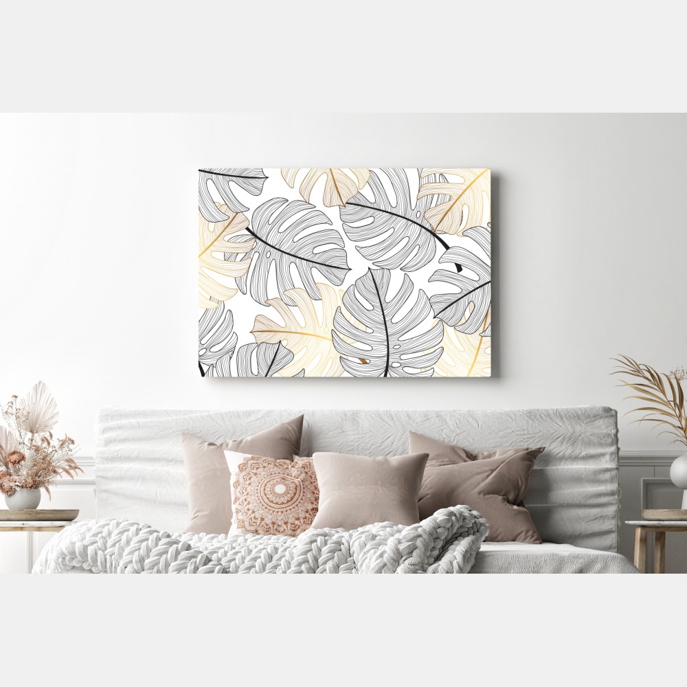 Obraz na płótnie wzór liści monstera ze złotymi akcentami – Wallissimo® Obraz na płótnie wzór liści monstera ze złotymi akcentami – Wallissimo®