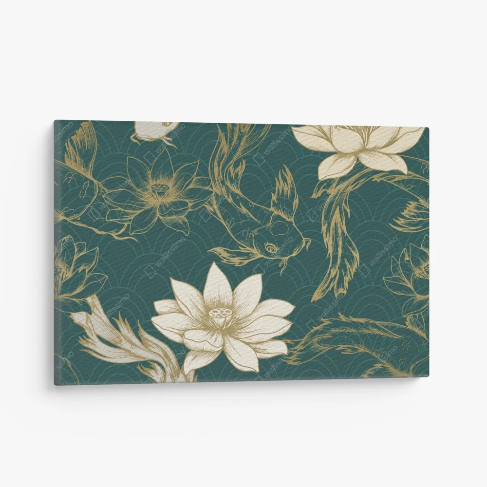 Obraz na płótnie orientalny wzór koi i lotosów w turkusie i złocie – Wallissimo® Obraz na płótnie orientalny wzór koi i lotosów w turkusie i złocie – Wallissimo®