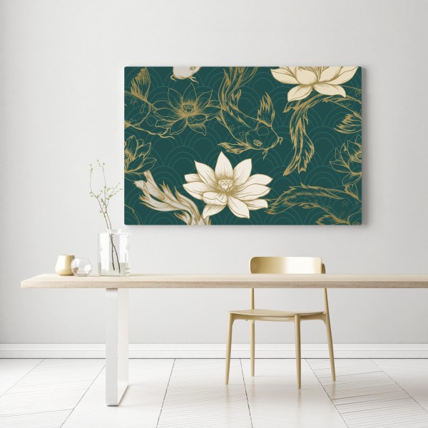 Obraz na płótnie orientalny wzór koi i lotosów w turkusie i złocie – Wallissimo® Obraz na płótnie orientalny wzór koi i lotosów w turkusie i złocie – Wallissimo®