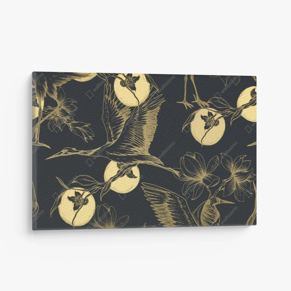 Obraz na płótnie złote żurawie i księżycowy wzór – Wallissimo® Obraz na płótnie złote żurawie i księżycowy wzór – Wallissimo®