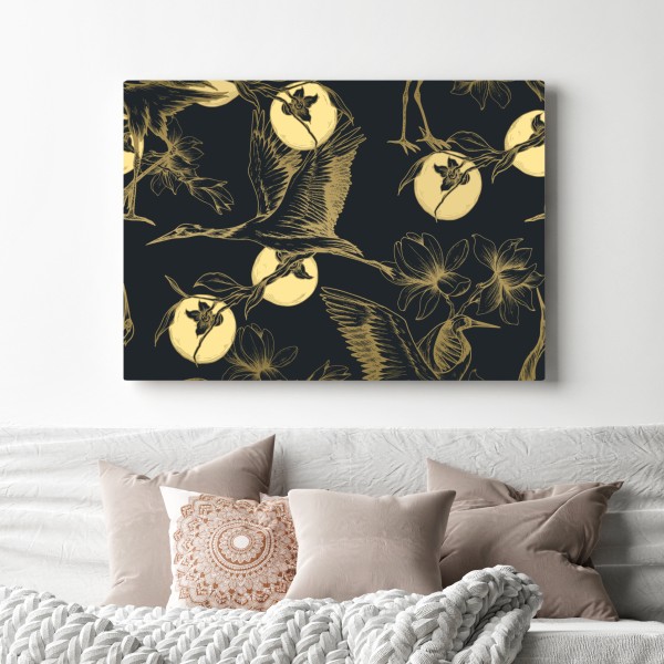 Obraz na płótnie złote żurawie i księżycowy wzór – Wallissimo® Obraz na płótnie złote żurawie i księżycowy wzór – Wallissimo®