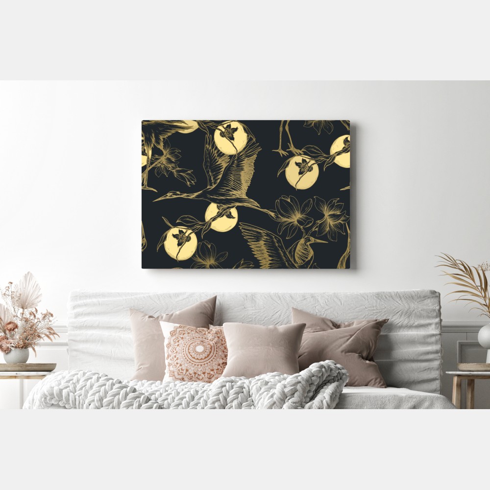Obraz na płótnie złote żurawie i księżycowy wzór – Wallissimo® Obraz na płótnie złote żurawie i księżycowy wzór – Wallissimo®