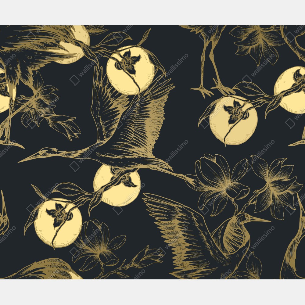 Obraz na płótnie złote żurawie i księżycowy wzór – Wallissimo® Obraz na płótnie złote żurawie i księżycowy wzór – Wallissimo®