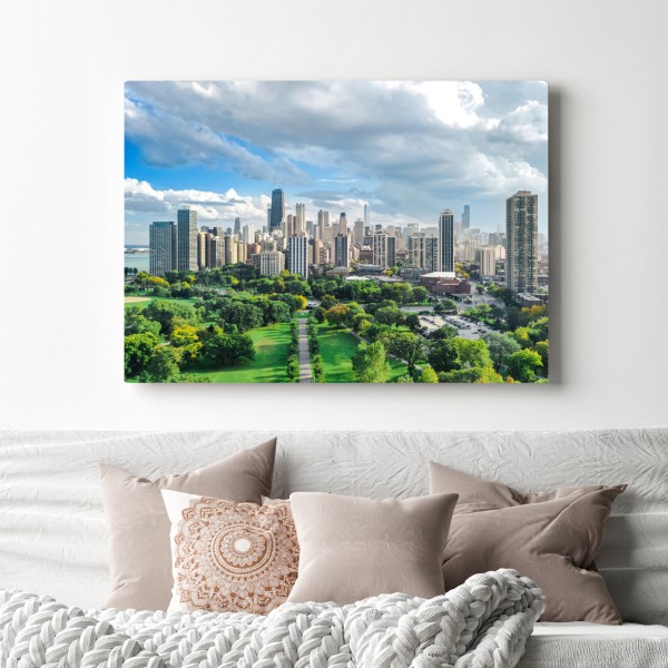 Obraz na płótnie miejska panorama nad zielonym parkiem – Wallissimo® Obraz na płótnie miejska panorama nad zielonym parkiem – Wallissimo®