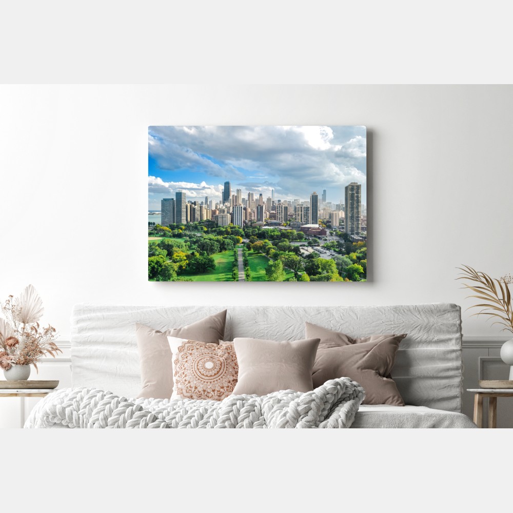 Obraz na płótnie miejska panorama nad zielonym parkiem – Wallissimo® Obraz na płótnie miejska panorama nad zielonym parkiem – Wallissimo®