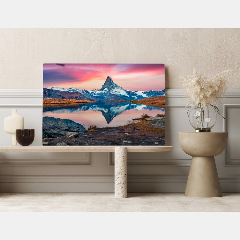 Obraz na płótnie majestatyczny Matterhorn odbity w Stellisee – Wallissimo® Obraz na płótnie majestatyczny Matterhorn odbity w Stellisee – Wallissimo®