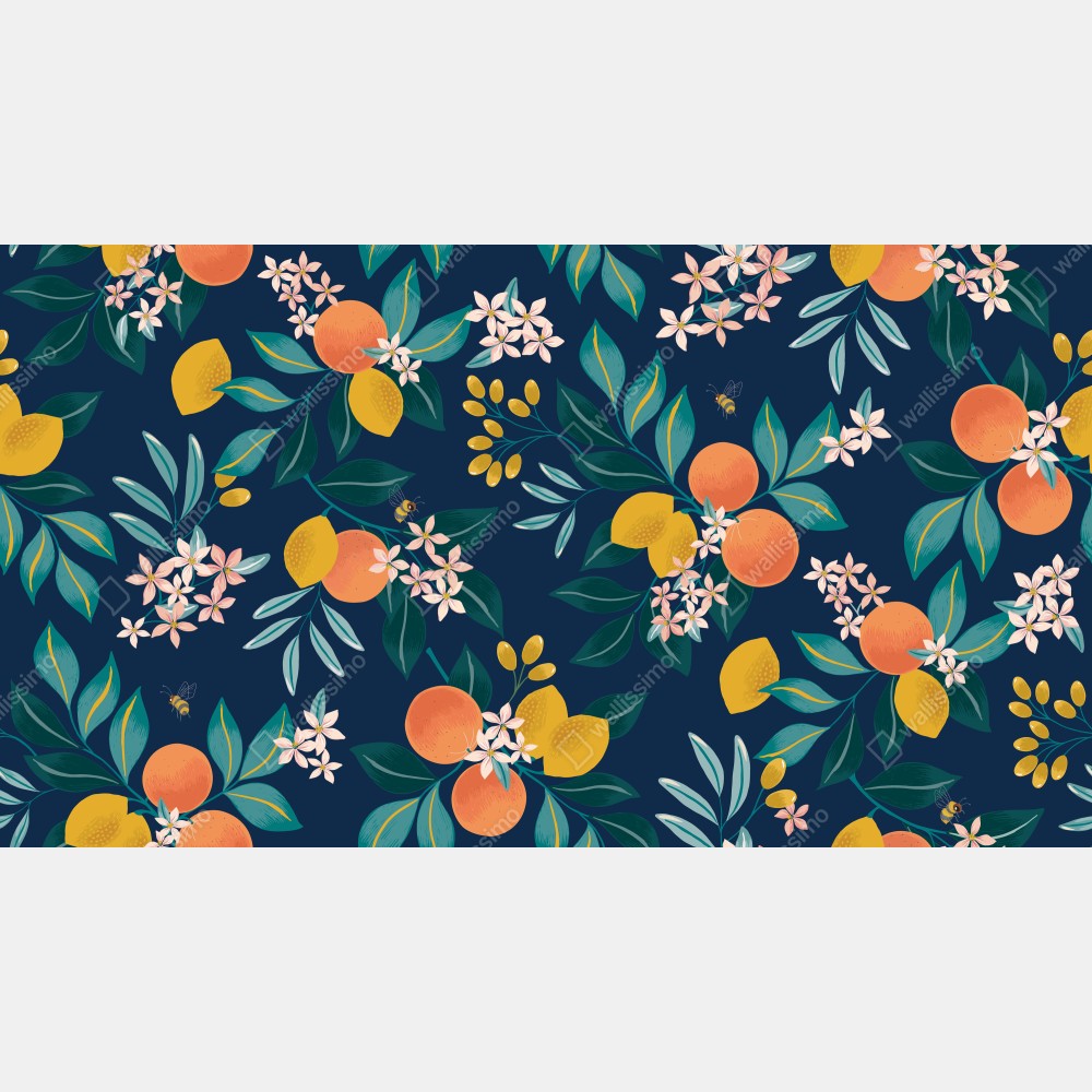 Obraz na płótnie botaniczny wzór z kwiatami cytrusów na granatowym tle – Wallissimo® Obraz na płótnie botaniczny wzór z kwiatami cytrusów na granatowym tle – Wallissimo®