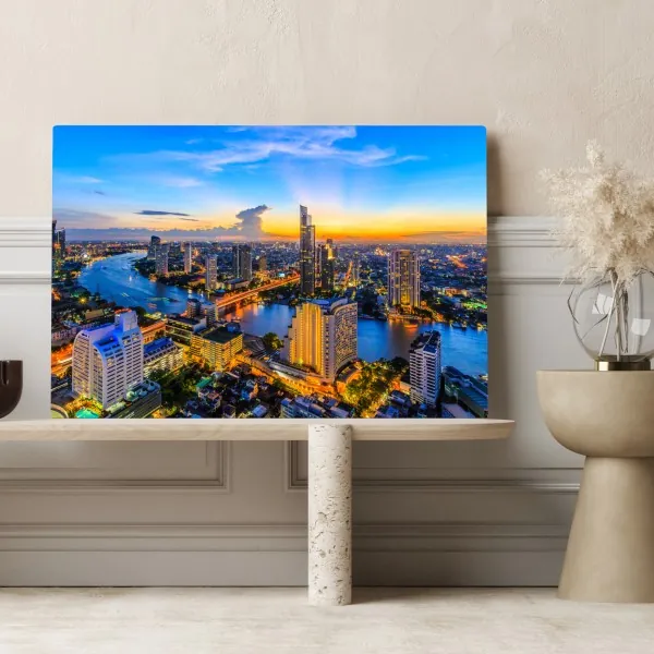 Obraz na płótnie tętniąca życiem panorama miasta o zmierzchu