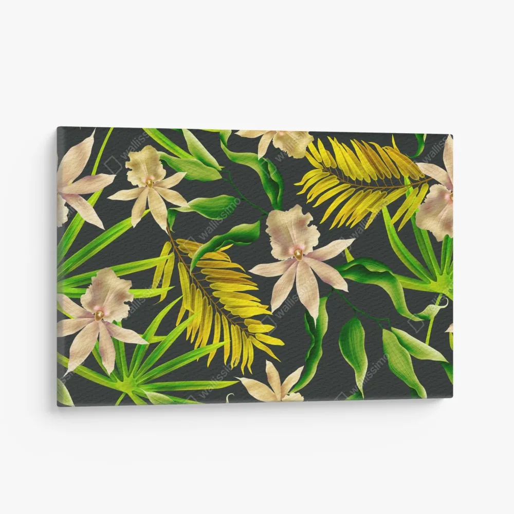 Obraz na płótnie tropikalny wzór storczyków na ciemnym tle – Wallissimo® Obraz na płótnie tropikalny wzór storczyków na ciemnym tle – Wallissimo®