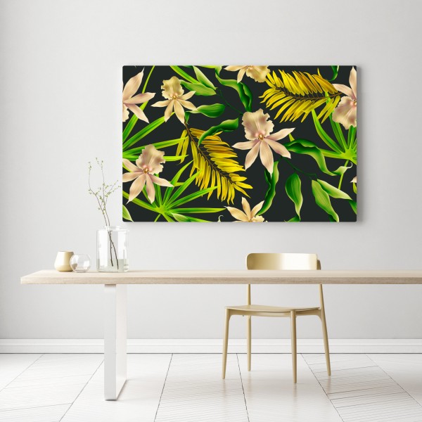 Obraz na płótnie tropikalny wzór storczyków na ciemnym tle – Wallissimo® Obraz na płótnie tropikalny wzór storczyków na ciemnym tle – Wallissimo®