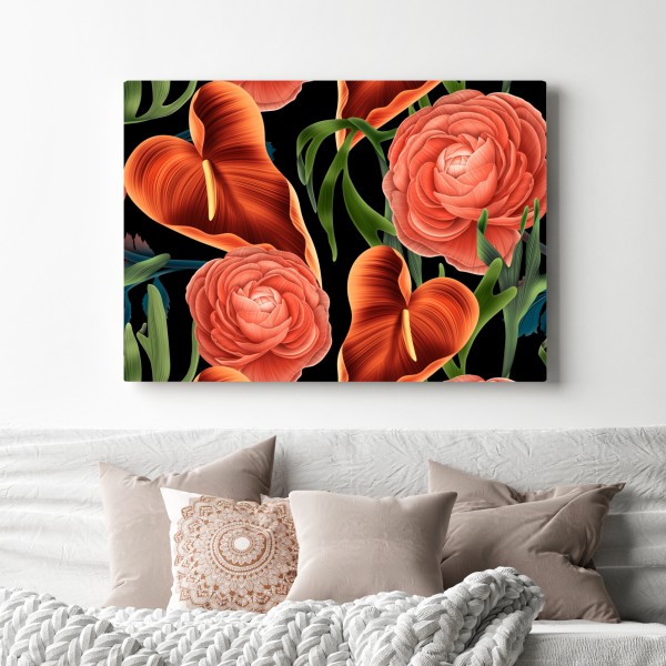 Obraz na płótnie intensywny koralowy wzór kwiatowy na czarnym tle – Wallissimo® Obraz na płótnie intensywny koralowy wzór kwiatowy na czarnym tle – Wallissimo®