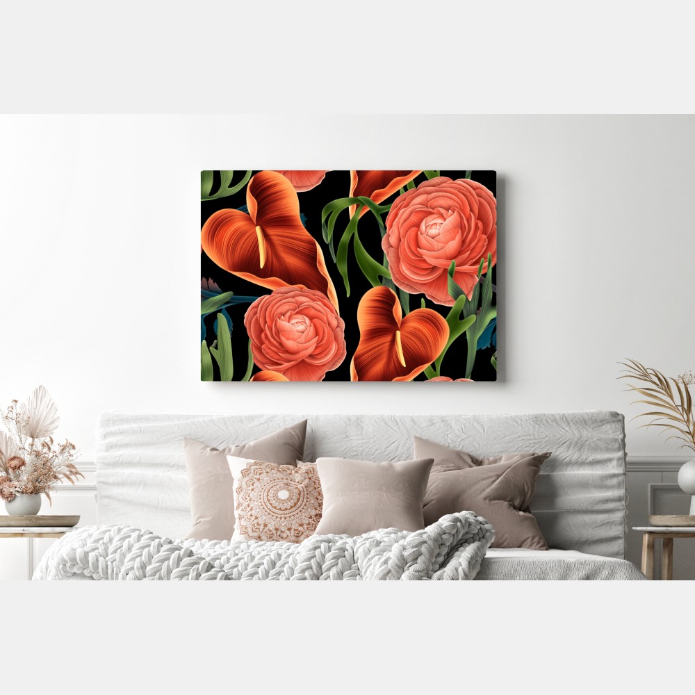 Obraz na płótnie intensywny koralowy wzór kwiatowy na czarnym tle – Wallissimo® Obraz na płótnie intensywny koralowy wzór kwiatowy na czarnym tle – Wallissimo®