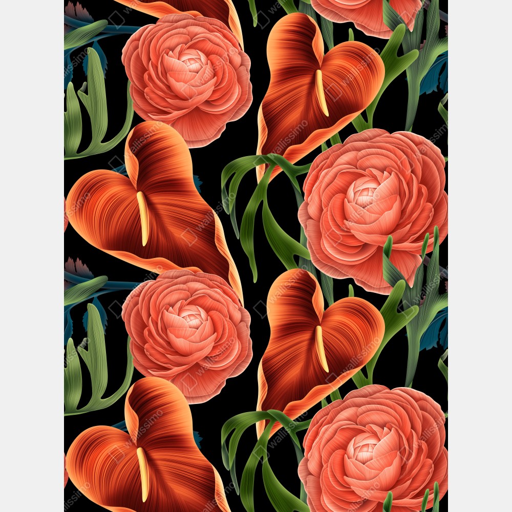 Obraz na płótnie intensywny koralowy wzór kwiatowy na czarnym tle – Wallissimo® Obraz na płótnie intensywny koralowy wzór kwiatowy na czarnym tle – Wallissimo®