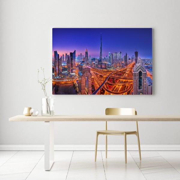 Obraz na płótnie Dubaj nocą: panorama miejskich świateł – Wallissimo® Obraz na płótnie Dubaj nocą: panorama miejskich świateł – Wallissimo®