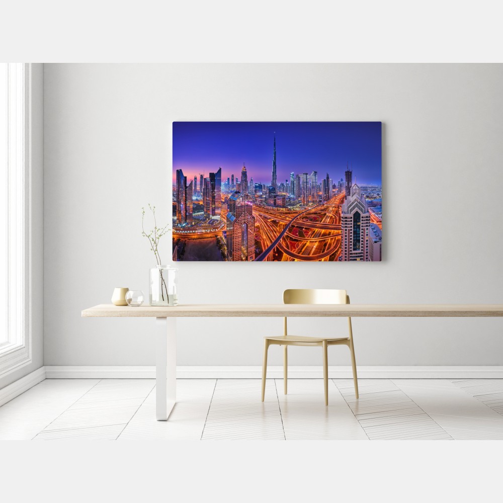 Obraz na płótnie Dubaj nocą: panorama miejskich świateł – Wallissimo® Obraz na płótnie Dubaj nocą: panorama miejskich świateł – Wallissimo®