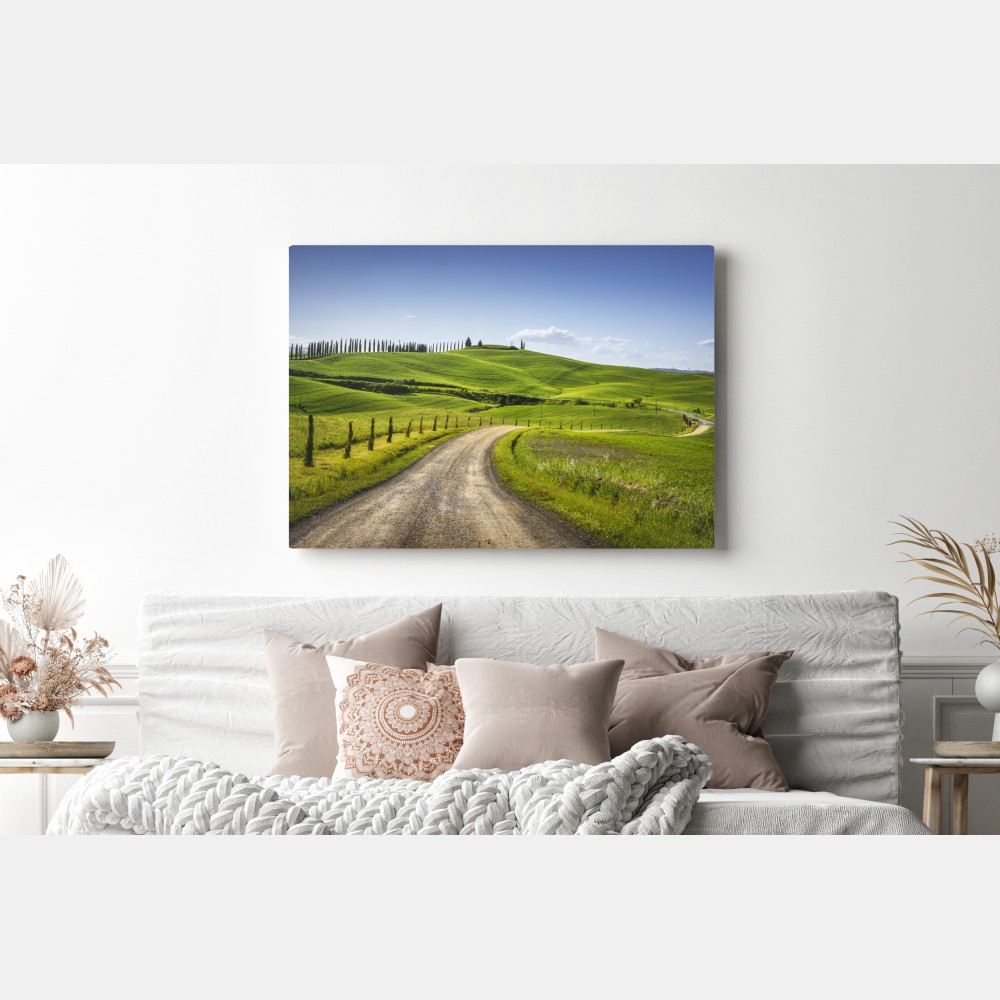 Obraz na płótnie wiejska droga w Toskanii przez zielone wzgórza – Wallissimo® Obraz na płótnie wiejska droga w Toskanii przez zielone wzgórza – Wallissimo®