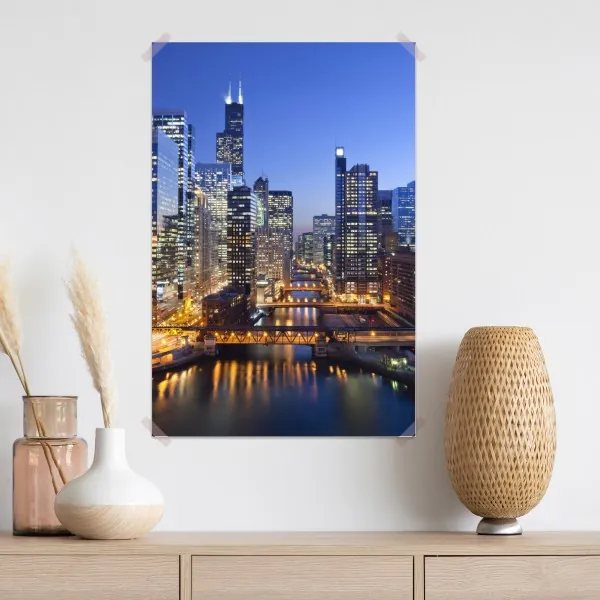 Plakat widok na panoramę Chicago o zmierzchu