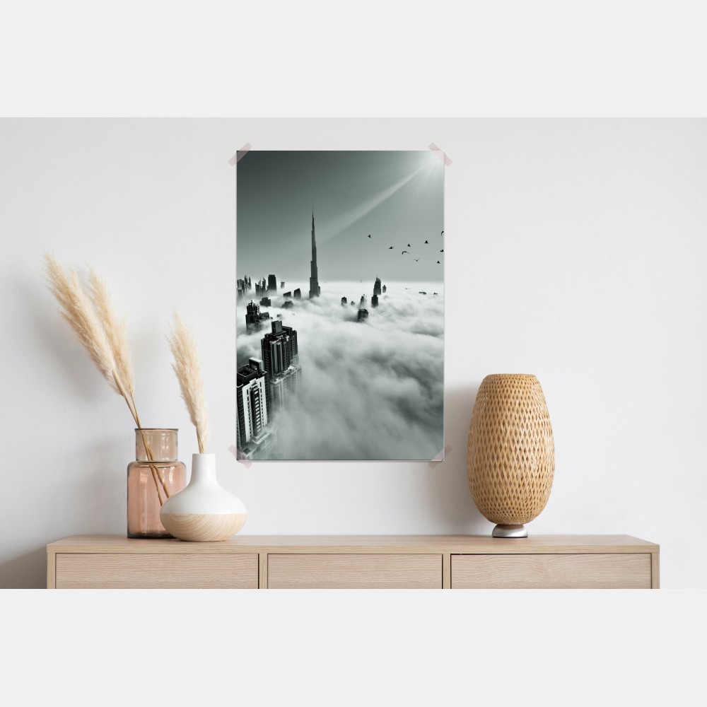 Plakat mglista panorama Dubaju ponad chmurami – Wallissimo® Plakat mglista panorama Dubaju ponad chmurami – Wallissimo®