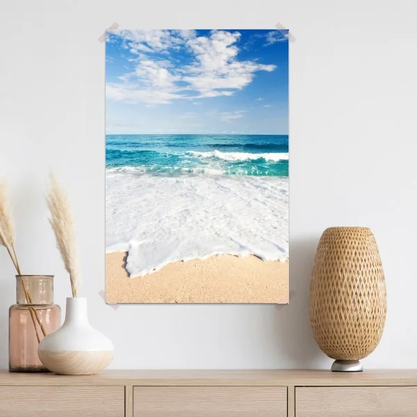 Plakat turkusowe fale na piaszczystej plaży – Wallissimo® Plakat turkusowe fale na piaszczystej plaży – Wallissimo®