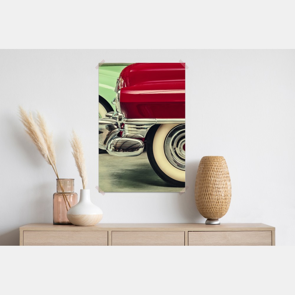 Plakat zbliżenie klasycznych samochodów w czerwieni i mięcie – Wallissimo® Plakat zbliżenie klasycznych samochodów w czerwieni i mięcie – Wallissimo®