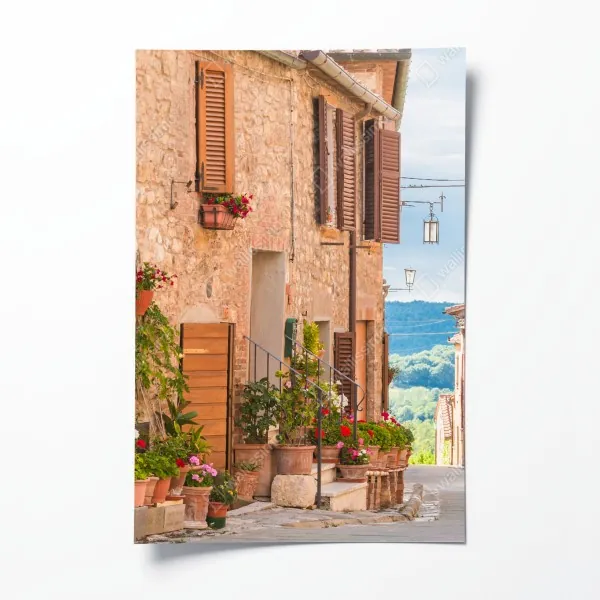 Plakat średniowieczna ulica w Toskanii z doniczkami z kwiatami
