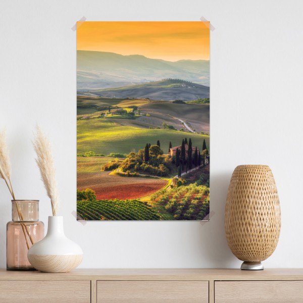 Plakat Toskania sielankowe wzgórza o zachodzie słońca – Wallissimo® Plakat Toskania sielankowe wzgórza o zachodzie słońca – Wallissimo®
