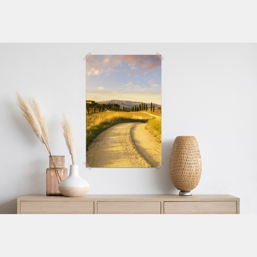 Plakat złota wiejska droga wśród cyprysów – Wallissimo® Plakat złota wiejska droga wśród cyprysów – Wallissimo®