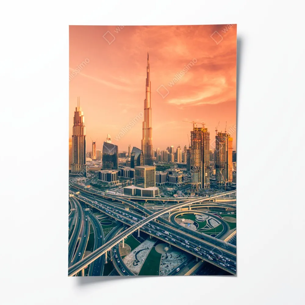 Plakat panorama Dubaju o zachodzie słońca – Wallissimo® Plakat panorama Dubaju o zachodzie słońca – Wallissimo®