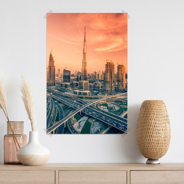 Plakat panorama Dubaju o zachodzie słońca – Wallissimo® Plakat panorama Dubaju o zachodzie słońca – Wallissimo®