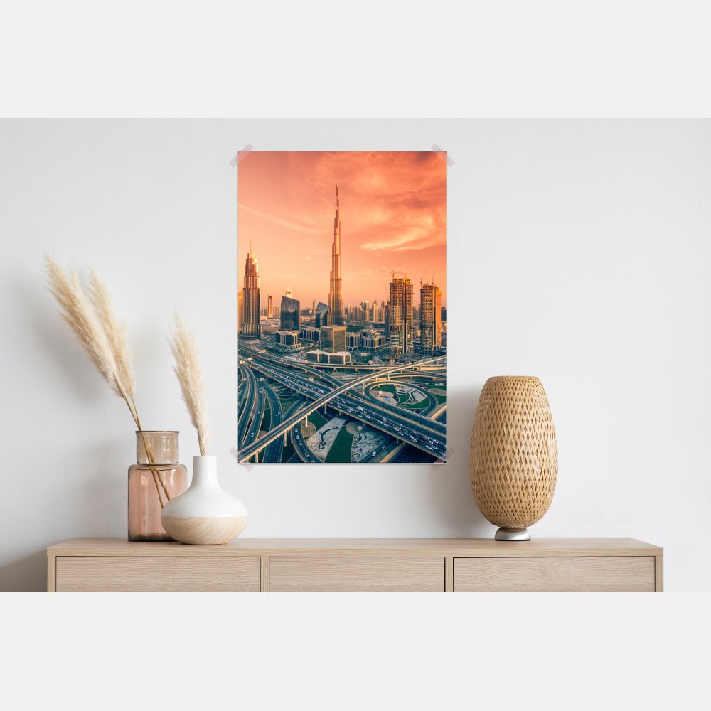 Plakat panorama Dubaju o zachodzie słońca – Wallissimo® Plakat panorama Dubaju o zachodzie słońca – Wallissimo®