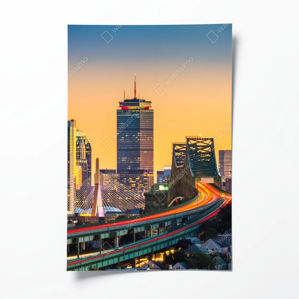 Plakat panorama Bostonu o zachodzie słońca z mostami Zakim i Tobin – Wallissimo® Plakat panorama Bostonu o zachodzie słońca z mostami Zakim i Tobin – Wallissimo®