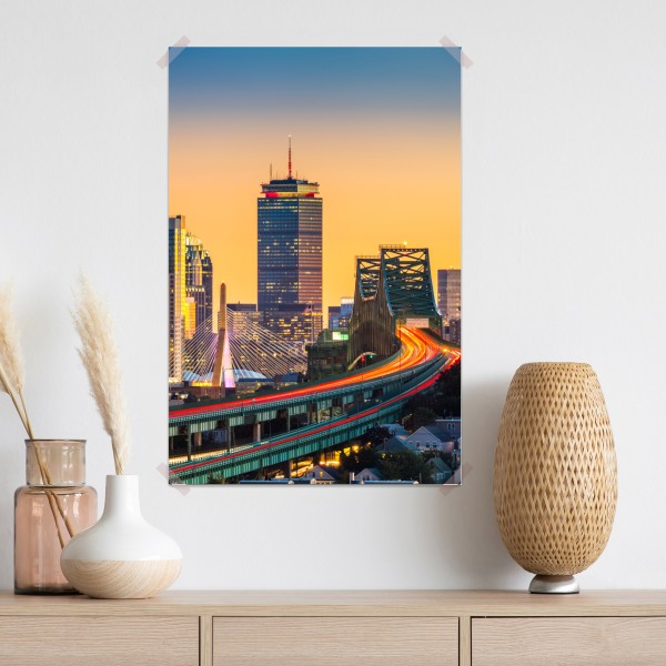 Plakat panorama Bostonu o zachodzie słońca z mostami Zakim i Tobin – Wallissimo® Plakat panorama Bostonu o zachodzie słońca z mostami Zakim i Tobin – Wallissimo®