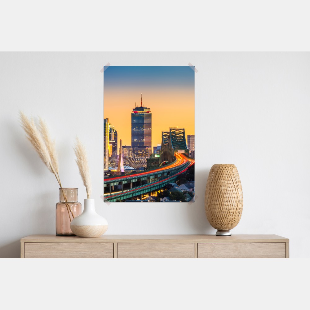 Plakat panorama Bostonu o zachodzie słońca z mostami Zakim i Tobin – Wallissimo® Plakat panorama Bostonu o zachodzie słońca z mostami Zakim i Tobin – Wallissimo®