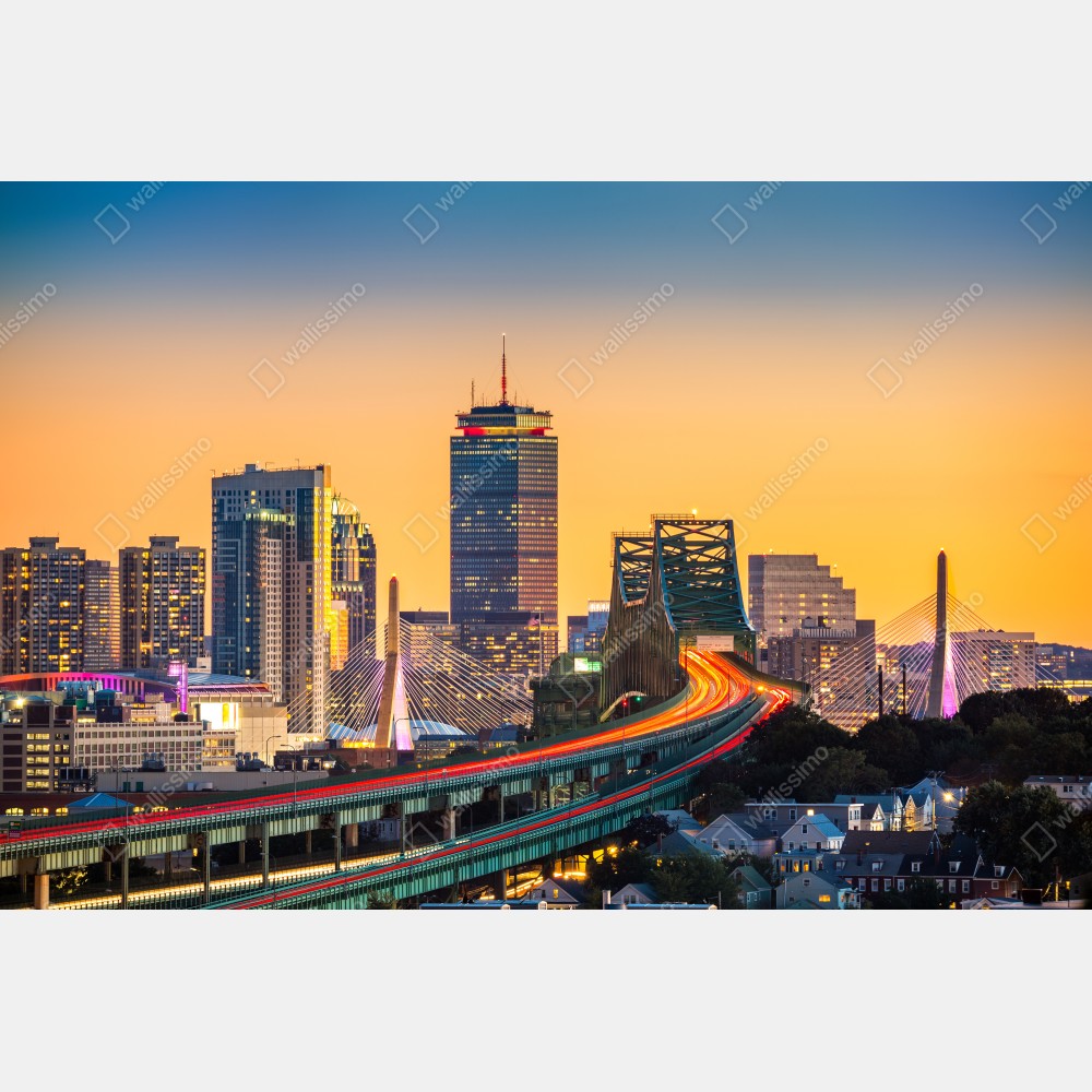 Plakat panorama Bostonu o zachodzie słońca z mostami Zakim i Tobin – Wallissimo® Plakat panorama Bostonu o zachodzie słońca z mostami Zakim i Tobin – Wallissimo®